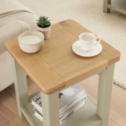 The Furniture Market Marbury Sage Green Painted Lamp Table Wooden Side Table With Shelf Whitewash Oak Top Modern Country Styling - thumbnail 3