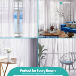 "Neel Blue Voile Curtains Slot Top, 2 Curtains, White - 56"" Width X 54"" Drop" - thumbnail 8