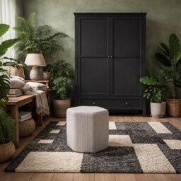 Wyld Haus Isabella Hexagon Upholstered Stool Grey And White Striped Cotton