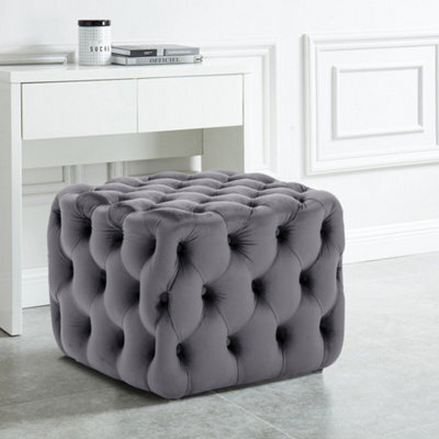 Living And Home Grey Square Velvet Upholstered Buttoned Footstool Pouf Chair Pouffe Foot Stool 50 Cm - image 1