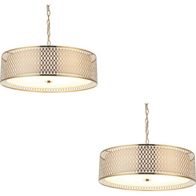 Loops 2 Pack Hanging Ceiling Pendant Light - Gold Effect Plate White Fabric & Frosted Glass - 3 X 10W Led E27 - image 1
