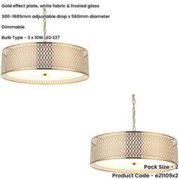 Loops 2 Pack Hanging Ceiling Pendant Light - Gold Effect Plate White Fabric & Frosted Glass - 3 X 10W Led E27 - thumbnail 2