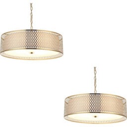 Loops 2 Pack Hanging Ceiling Pendant Light - Gold Effect Plate White Fabric & Frosted Glass - 3 X 10W Led E27 - thumbnail 1