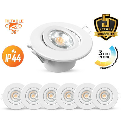 Paul Russells Led Downlight White Tilt Recessed Ceiling Spotlight  4.8W 480 Lumens, Ip44, Colour Changeable Cct3 Pack Of 6 - image 1