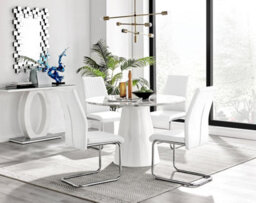 Furniturebox Uk Palma White Marble Effect Round Dining Table & 4 White Lorenzo Chairs - thumbnail 1