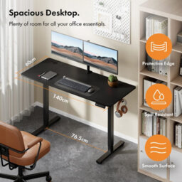 Vonhaus Electric Standing Desk, Height Adjustable Sit Stand Desk, 3 Height Preset Technology, 140X60Cm, Black Desktop & Frame - thumbnail 2