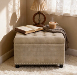 Matteo Camel Square Fabric Storage Ottoman With Rivet Detail - thumbnail 1