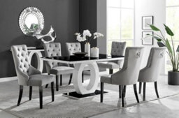 Furniturebox Giovani Rectangular 6 Seat White High Gloss Unique Halo Dining Table Black Glass Top 6 Grey Velvet Black Leg Belgravia Chairs