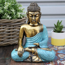 Large Hand-Painted Bali Buddha Statue In Teal & Gold - Varada Mudra Art - thumbnail 5