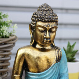Large Hand-Painted Bali Buddha Statue In Teal & Gold - Varada Mudra Art - thumbnail 6