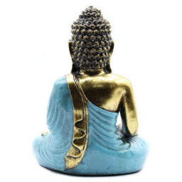 Large Hand-Painted Bali Buddha Statue In Teal & Gold - Varada Mudra Art - thumbnail 4