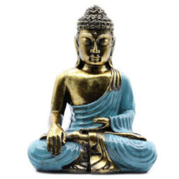 Large Hand-Painted Bali Buddha Statue In Teal & Gold - Varada Mudra Art