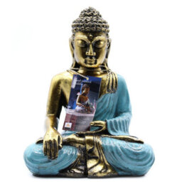 Large Hand-Painted Bali Buddha Statue In Teal & Gold - Varada Mudra Art - thumbnail 2