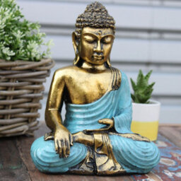 Large Hand-Painted Bali Buddha Statue In Teal & Gold - Varada Mudra Art - thumbnail 7