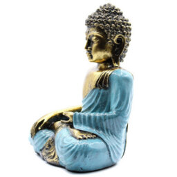 Large Hand-Painted Bali Buddha Statue In Teal & Gold - Varada Mudra Art - thumbnail 3