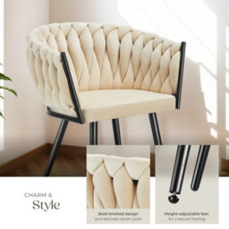 Tectake Set Of 6 Dining Chair Astano - Padded, Velvet, Knot Design, Continuous Backrest  - Sand - thumbnail 4
