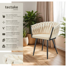 Tectake Set Of 6 Dining Chair Astano - Padded, Velvet, Knot Design, Continuous Backrest  - Sand - thumbnail 2
