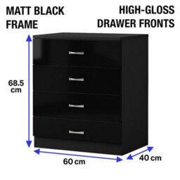 Harmin Black High Gloss 4 Drawer Chest - Height 68.5 Cm X Width 60 Cm X Depth 40 Cm - thumbnail 4