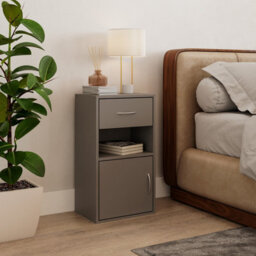 Urbn-Living Urbnliving Height 54Cm 1 Door 1 Drawer Wooden Bedroom Colour Grey Bedside Cabinet Shelf Nightstand Side Table Unit - thumbnail 2