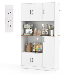 Costway 180Cm Tall Pantry Cabinet Standing Storage Hutch W/ Power Outlet-White - thumbnail 2