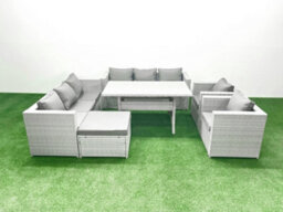 Fimous Rattan Garden Furniture Set Outdoor 8 Seater Patio Dinin G Sofa Sets Dining Table 2 Chairs Big Stool Light Grey - thumbnail 2