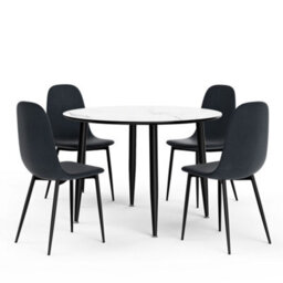 Vonhaus Dining Table & Chairs Set, 4 Seater Dinner Table With Cord Dining Chairs Set, Round White Marble Effect Table & 4 Chairs