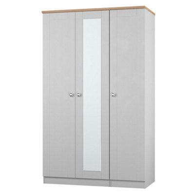 Santander Ready Assembled Traditional Matt Grey & Oak Effect Tall Triple Wardrobe With 1 Mirror Door (H)1970mm (W)1110mm (D)530mm - image 1