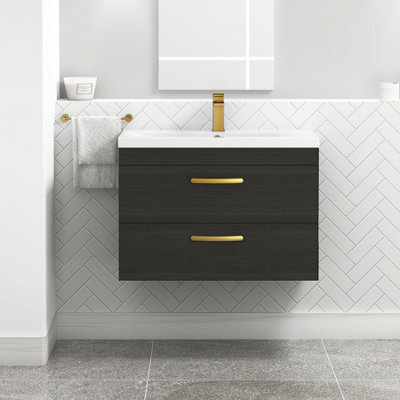 Royal Bathrooms Turin Hale Black 800mm Wall Hung Vanity Unit 2 Drawer With Mid-Edge Basin Sink & Brushed Brass Handles - image 1