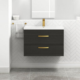 Royal Bathrooms Turin Hale Black 800mm Wall Hung Vanity Unit 2 Drawer With Mid-Edge Basin Sink & Brushed Brass Handles