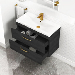 Royal Bathrooms Turin Hale Black 800mm Wall Hung Vanity Unit 2 Drawer With Mid-Edge Basin Sink & Brushed Brass Handles - thumbnail 5