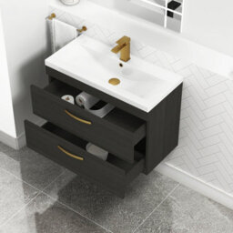Royal Bathrooms Turin Hale Black 800mm Wall Hung Vanity Unit 2 Drawer With Mid-Edge Basin Sink & Brushed Brass Handles - thumbnail 3