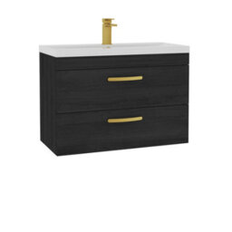 Royal Bathrooms Turin Hale Black 800mm Wall Hung Vanity Unit 2 Drawer With Mid-Edge Basin Sink & Brushed Brass Handles - thumbnail 6