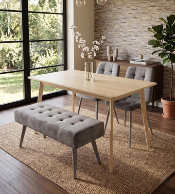 Doubs Dining Table Set With 2 Grey Velvet Chairs And Bench Oak Effect Table - image 1