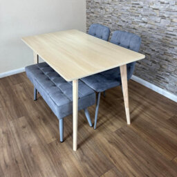 Doubs Dining Table Set With 2 Grey Velvet Chairs And Bench Oak Effect Table - thumbnail 5