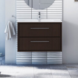 Royal Bathrooms Livora 800mm Walnut Woodgrain Wall Hung Bathroom Vanity Unit 2 Drawer Storage Cabinet With Ceramic Basin