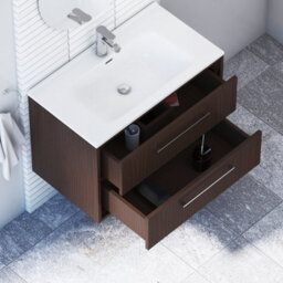 Royal Bathrooms Livora 800mm Walnut Woodgrain Wall Hung Bathroom Vanity Unit 2 Drawer Storage Cabinet With Ceramic Basin - thumbnail 4