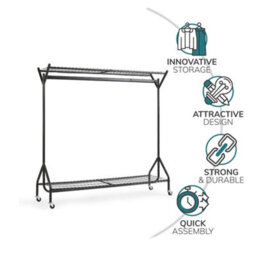 House Of Home Heavy Duty Metal Clothes Rail On Wheels With 2 Shelves, Shoe Rack Storage & Organiser Black, 5Ft X 5Ft - thumbnail 6