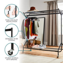 House Of Home Heavy Duty Metal Clothes Rail On Wheels With 2 Shelves, Shoe Rack Storage & Organiser Black, 5Ft X 5Ft - thumbnail 4