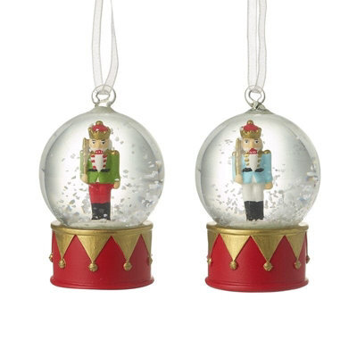 Heaven Sends Christmas Set Of 2 Nutcracker Snow Globe Christmas Tree Decorations With White Ribbon, 6 X 3.7 Cm Each