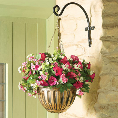 Gainsborough Hanging Basket With Mixed Petunias, Year-Round Colour Artificial Flowers, Weather-Resistant Bronze-Look Planter - image 1
