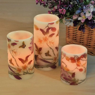 Set Of 3 Led Wax Candles  Botanical Design, Real Wax, Battery Operated, 10Cm To 18.5Cm Heights