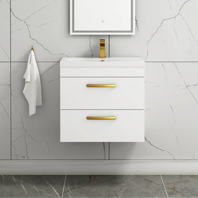 Royal Bathrooms Turin Gloss White 600mm Wall Hung Vanity Unit 2 Drawer With Mid-Edge Basin Sink & Brushed Brass Handles - image 1