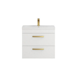 Royal Bathrooms Turin Gloss White 600mm Wall Hung Vanity Unit 2 Drawer With Mid-Edge Basin Sink & Brushed Brass Handles - thumbnail 6