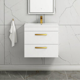 Royal Bathrooms Turin Gloss White 600mm Wall Hung Vanity Unit 2 Drawer With Mid-Edge Basin Sink & Brushed Brass Handles - thumbnail 1