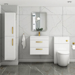 Royal Bathrooms Turin Gloss White 600mm Wall Hung Vanity Unit 2 Drawer With Mid-Edge Basin Sink & Brushed Brass Handles - thumbnail 4