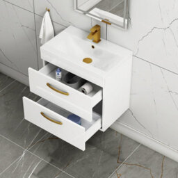 Royal Bathrooms Turin Gloss White 600mm Wall Hung Vanity Unit 2 Drawer With Mid-Edge Basin Sink & Brushed Brass Handles - thumbnail 5