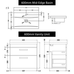 Royal Bathrooms Turin Gloss White 600mm Wall Hung Vanity Unit 2 Drawer With Mid-Edge Basin Sink & Brushed Brass Handles - thumbnail 8