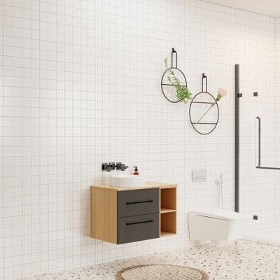 Probaty Bathrooms 790X460mm Vanity Unit Anthracite And Wood Color Mdf,2 Drawers 4 Storage With White Ceramic Basin(Wavy Patterns) - image 1