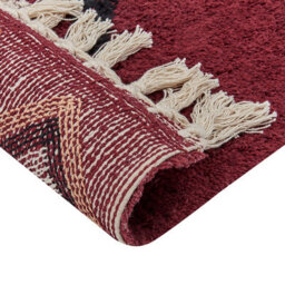 Wyld And Coco Hand-Tufted Cotton Area Rug 140 X 200 Cm - Boho Red Diamond Pattern With Tassels - thumbnail 5
