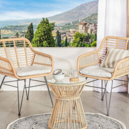 Wyld And Coco Bistro Set 2-Seater Faux Rattan With Grey Cushions And Glass Table Top - Compact Outdoor Bistro Set - thumbnail 2